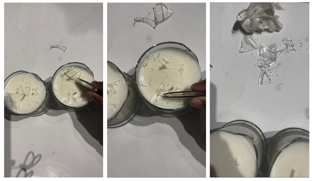 removing broken candle pieces from a candle jar using tweezers