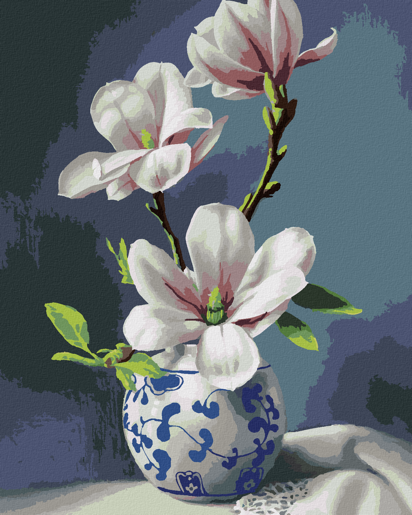 Stillleben Magnolien In Weiss-Blauen Vase40x50 cm, Ohne Keilrahmen
