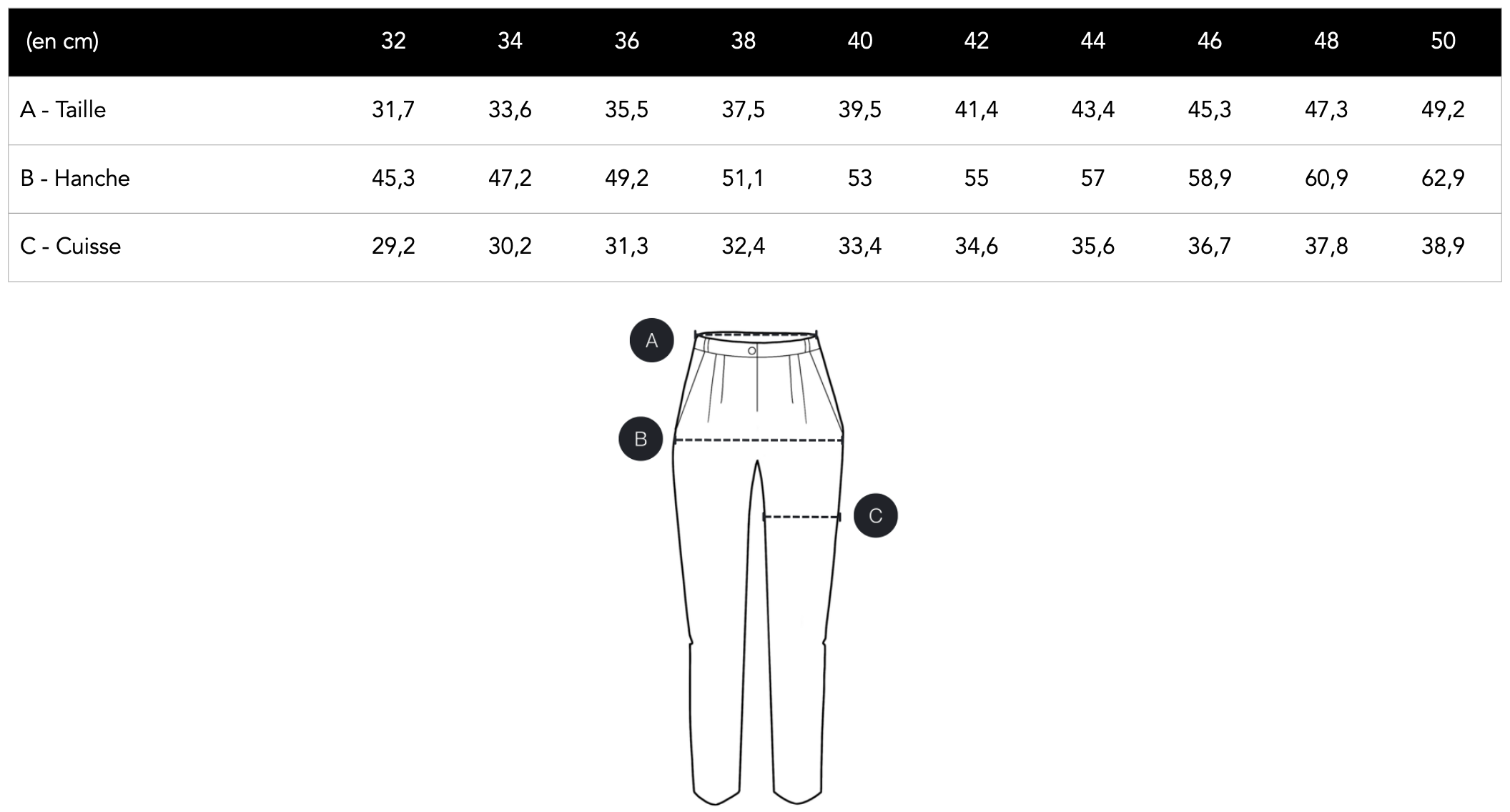 Guide des tailles pantalon cigarette femme