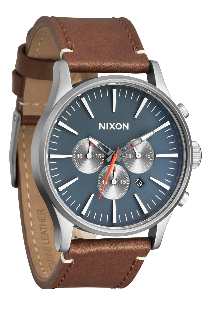 Nixon Sentry Chrono Leather Analog Watch - Lt Gunmetal / Basalt / Sienna