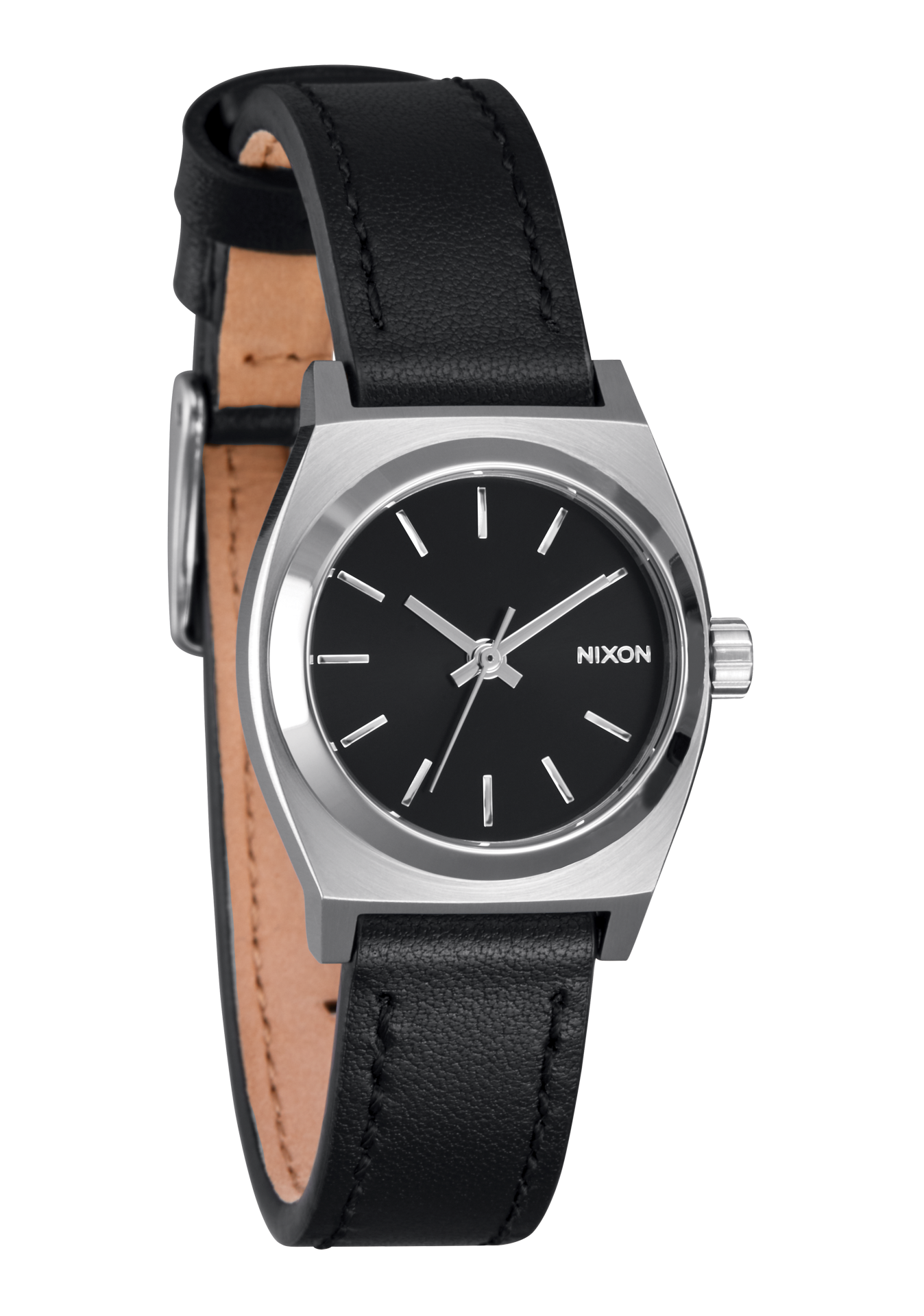 Nixon Small Time Teller Leather Watch - Silver / Black