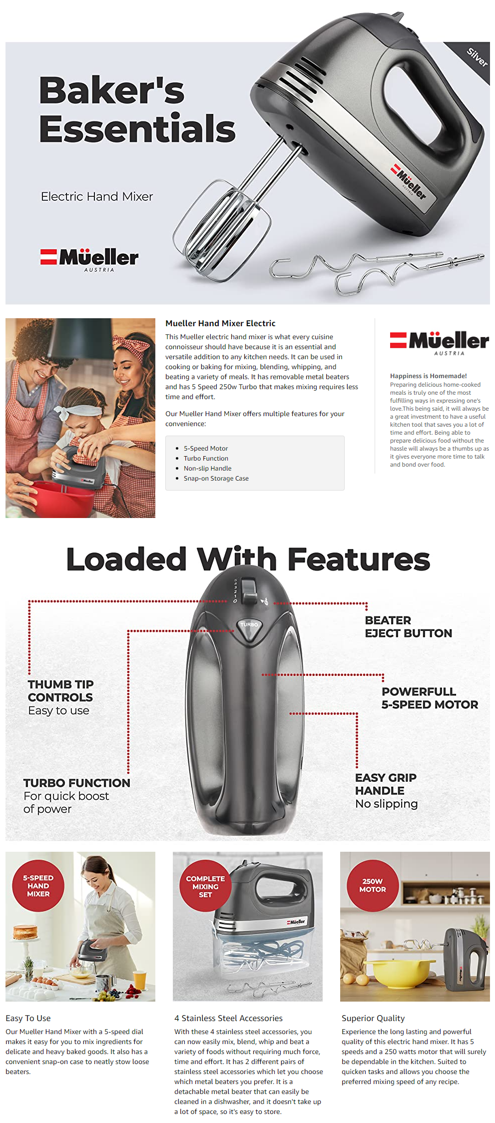 Mueller Electric Hand Mixer, 5 Speed with Snap-On Case, 250 W, Turbo Speed,  4 Stainless Steel Accessories, Beaters, Dough Hooks, Baking Supplies for