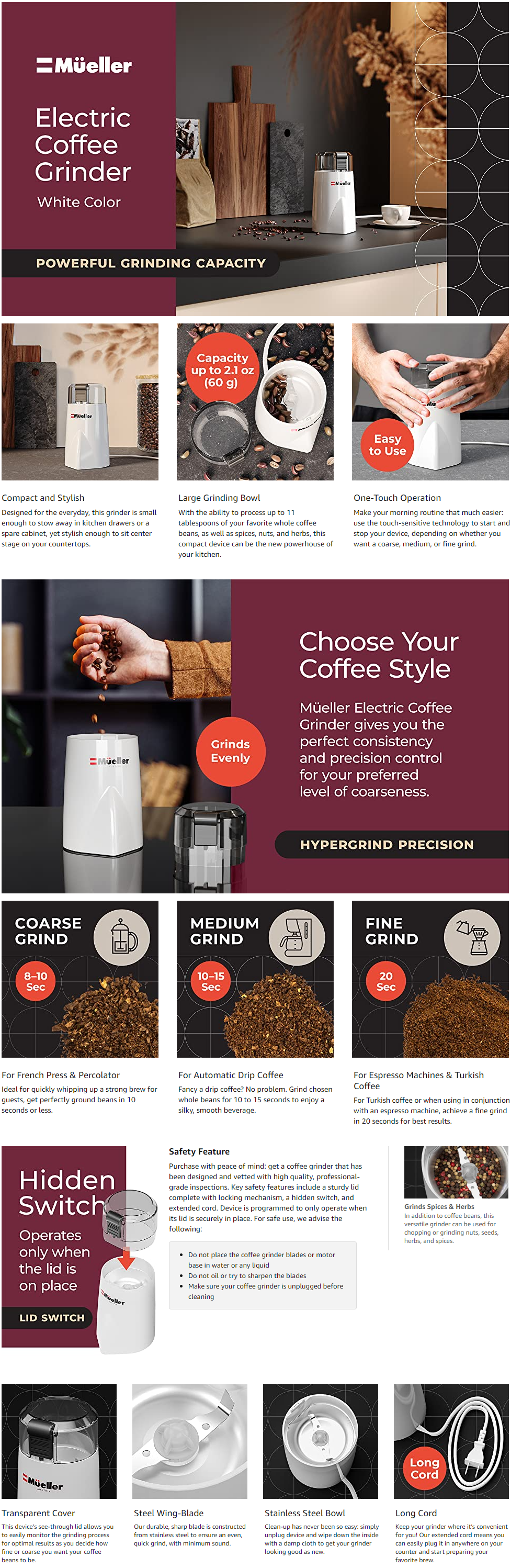 Mueller Austria Hypergrind Precision Electric Spice/Coffee Grinder Mill with Large Grinding Capacity and Powerful Motor Also for Spices, Herbs, Nuts