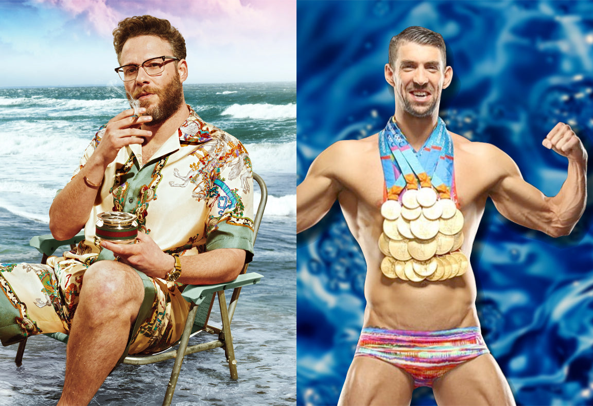 Seth Rogen, famous "Stoner" posing for GQ and Michael Phelps, 28 Olympic medal winner.