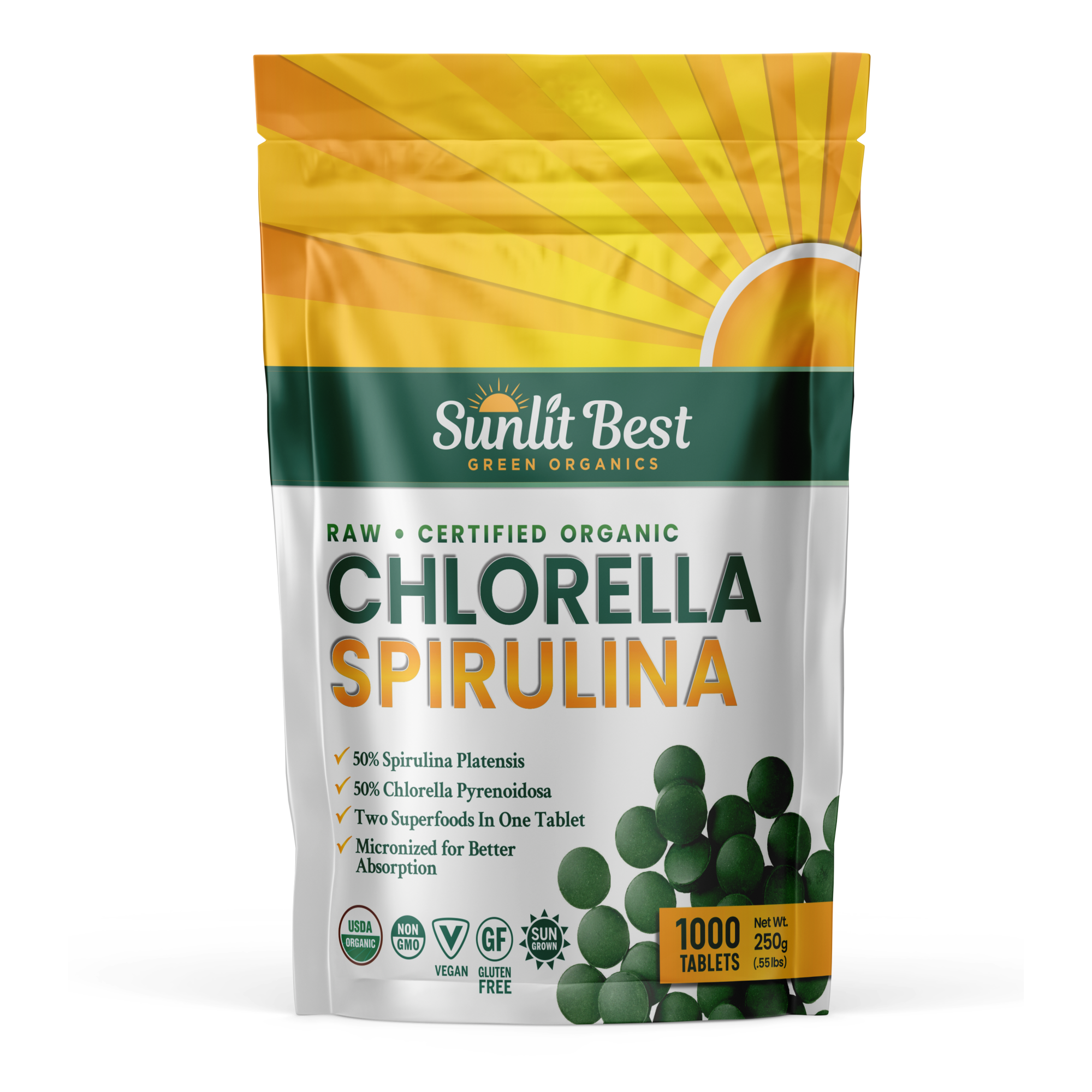 Missionaris Oproepen veld Sunlit Chlorella Spirulina Regular 50-50 - 1000 Tablets - Sunlit Best Green  Organics