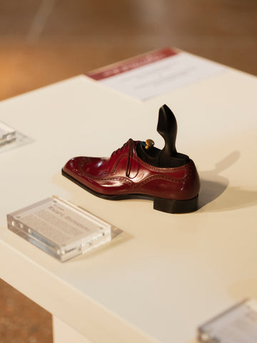 The winning shoes from the World Cup Bespoke Shoe Making and World Championship Patina competitions on display.