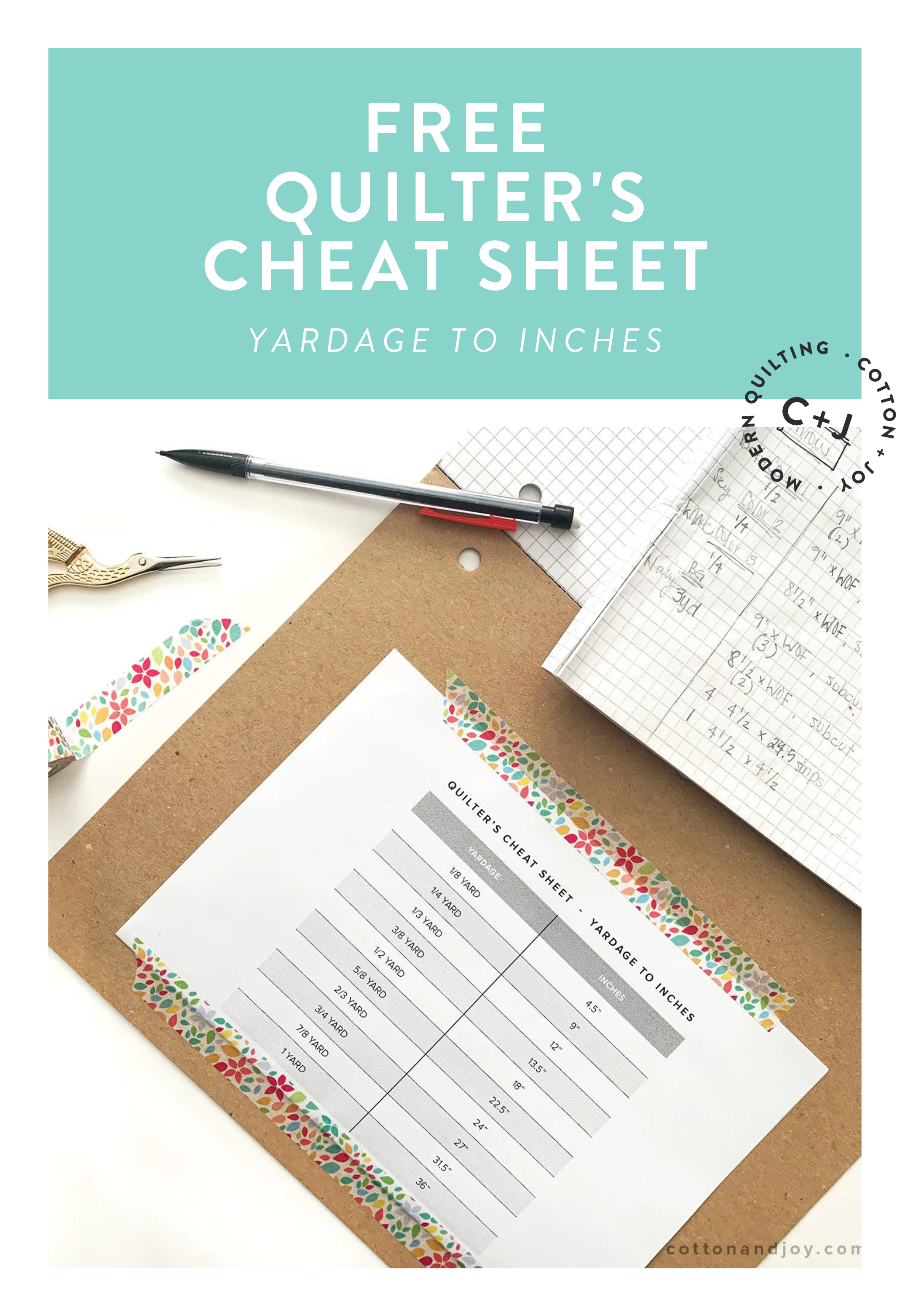 Grab this FREE quilting cheat sheet from Cotton and Joy for popular quilting measurements right at your fingertips
