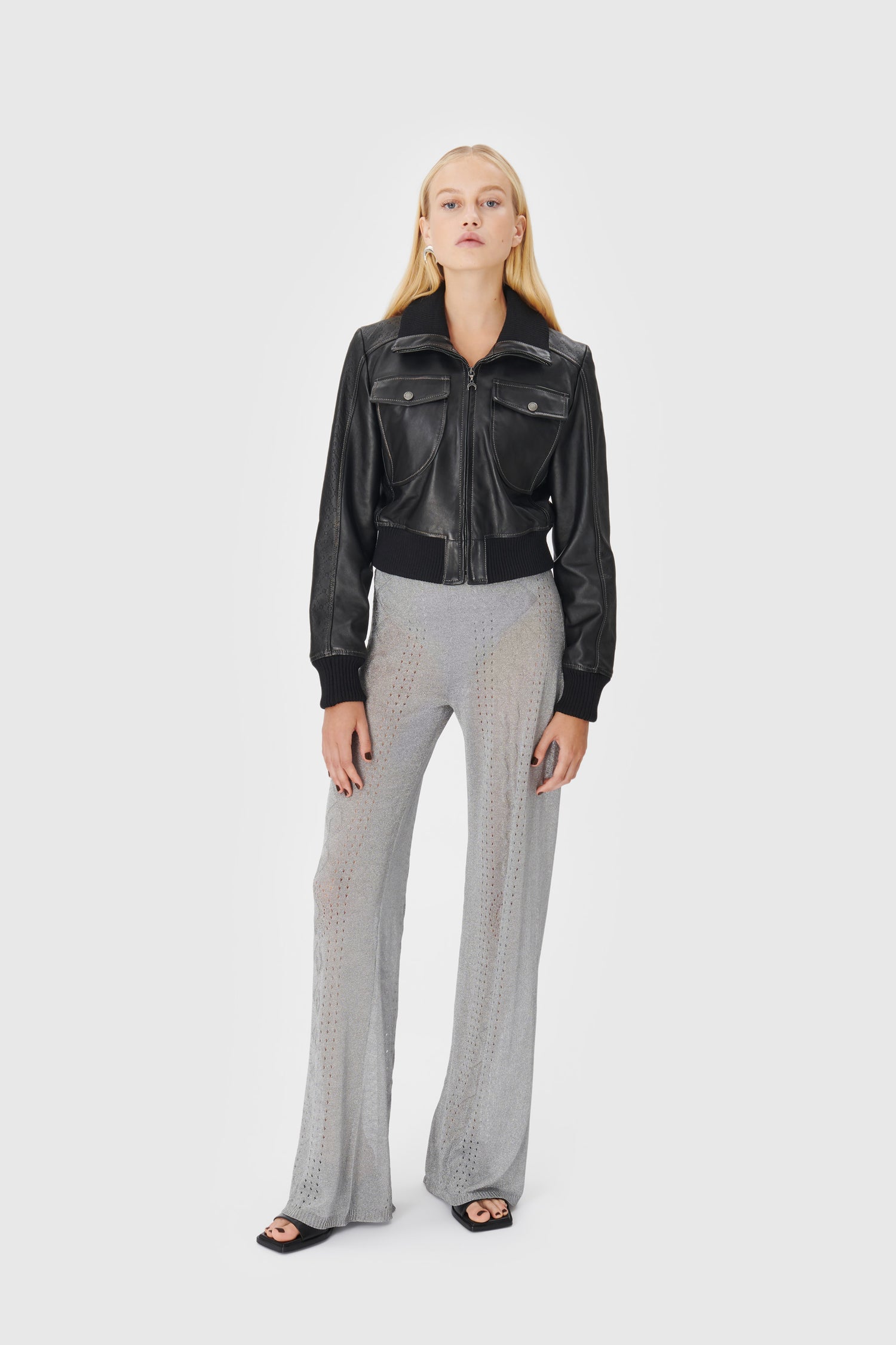 Metallic Pointelle Knit Flare Pants