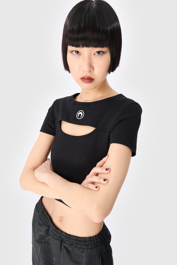 Moon Logo Ribbed Jersey Cut-Out T-Shirt