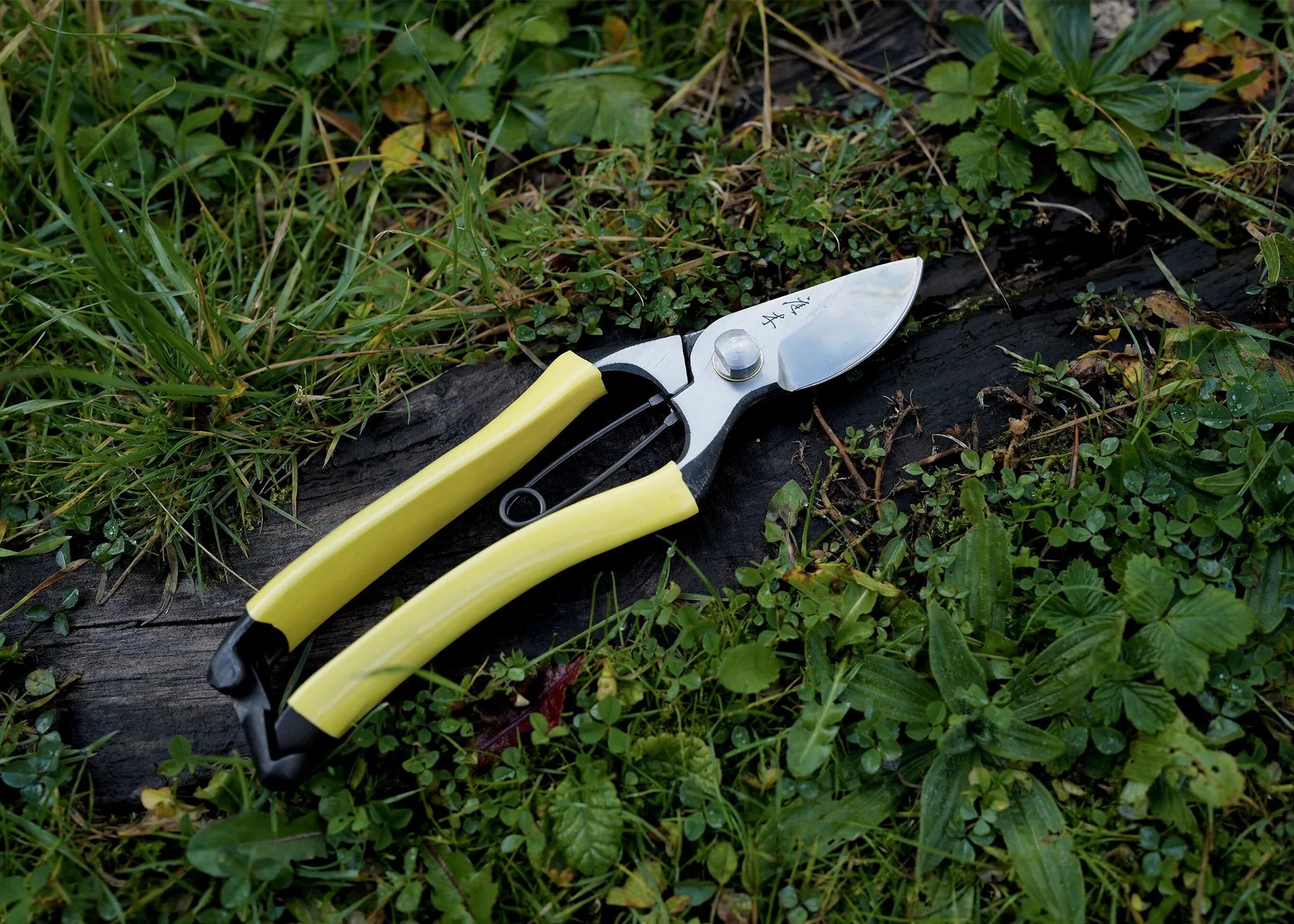 Niwaki GR Pro S-Type Secateurs Japanese Pruners resting on wood surrounded by grass