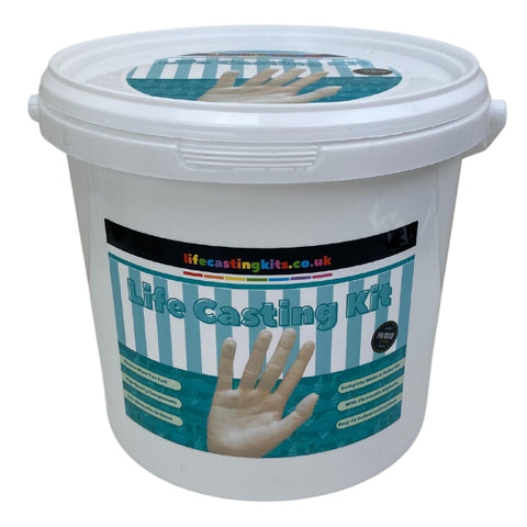 life casting kit in a white bucket with label on front and top with turquoise and white striped design and picture of a hand casting