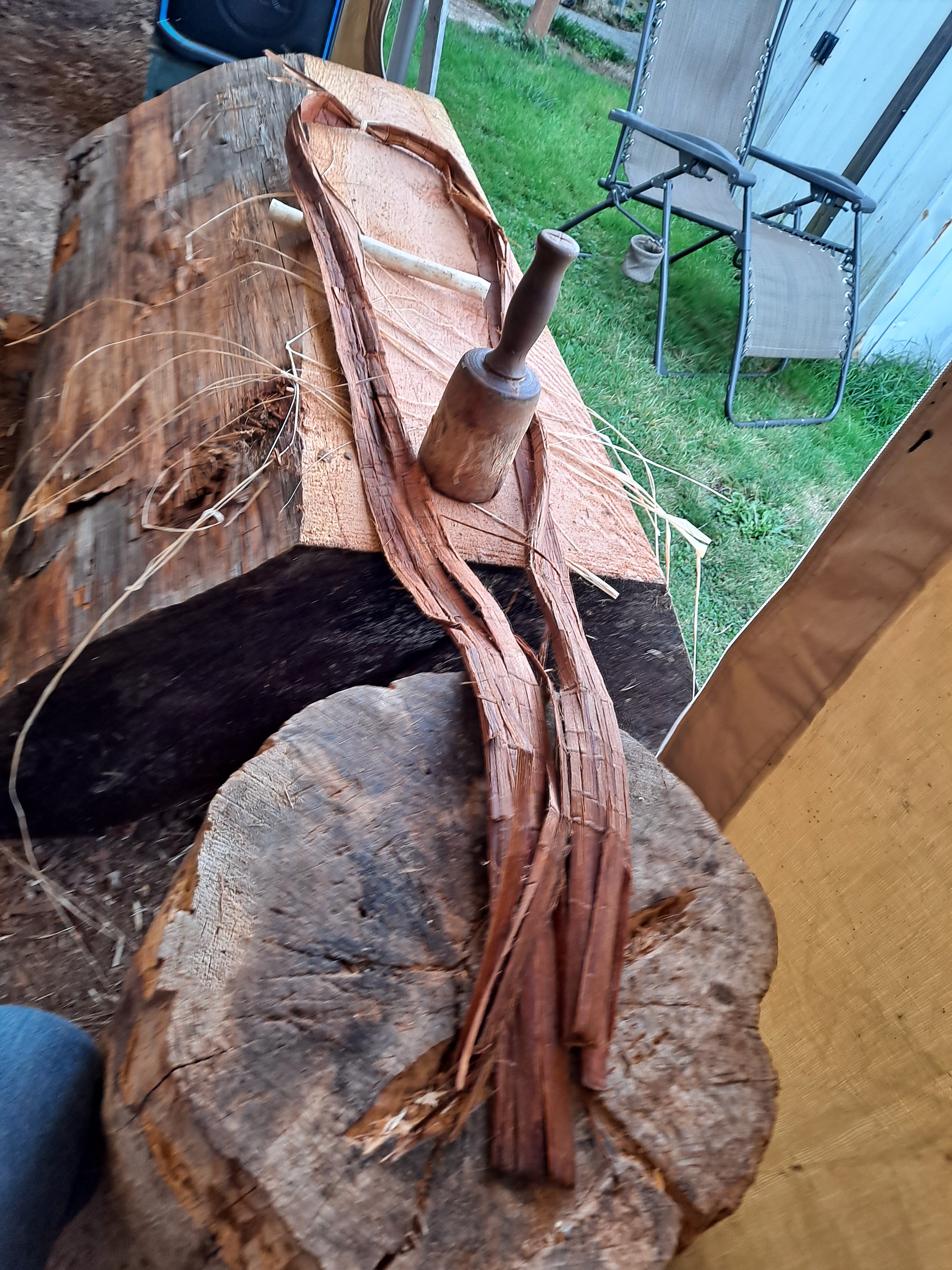 Faceted block of cedar wood balanced and ready to transfer the Devilfish design to be carved by Fred Fulmer Native Artist