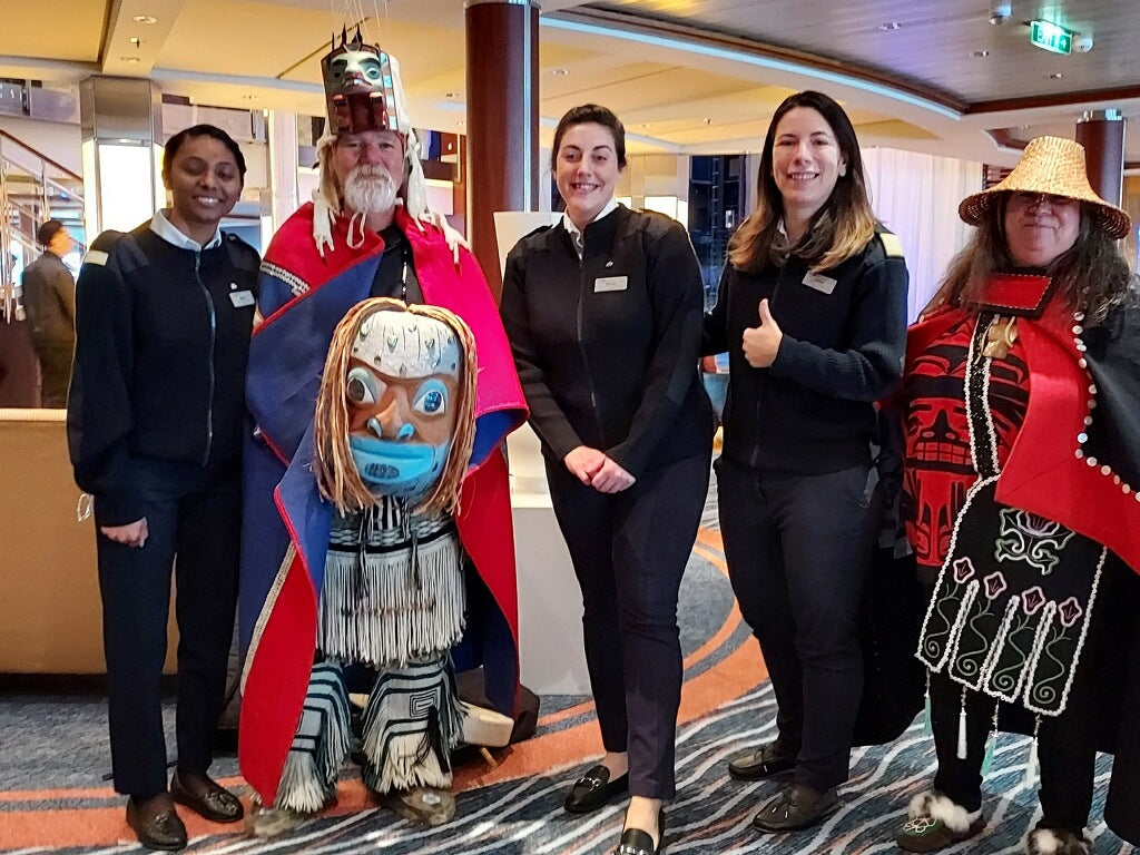 Fred Fulmer Tlingit Artist with his wife Ivy Fulmer and 3 staff members from the cruise line as they make their way to Glacier Bay Alaska
