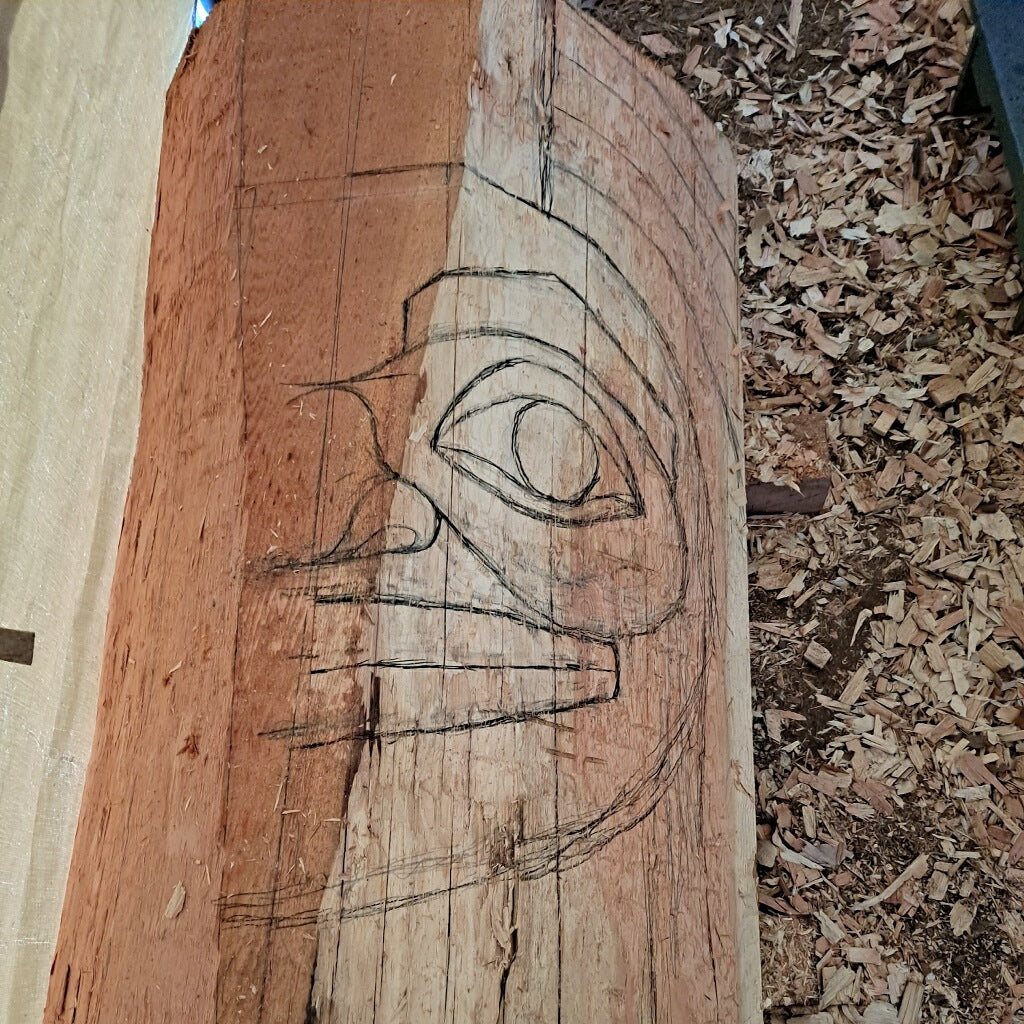 Transferring the Devilfish design to cedar block to be ready for carving by Fred Fulmer Native Artist