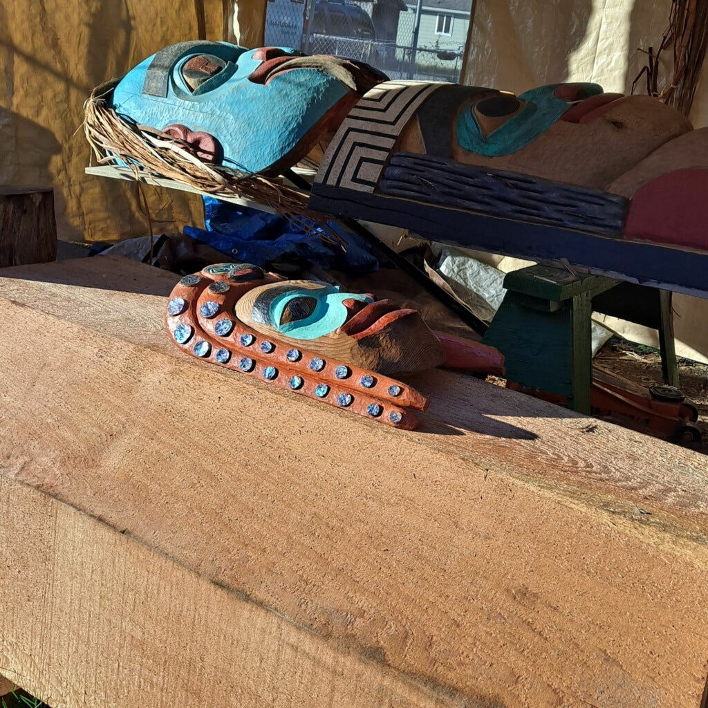 Chookaneidee Devilfish carved cedar giant mask and the Ancient Ones Totem Pole carved by Fred Fulmer Native Artist