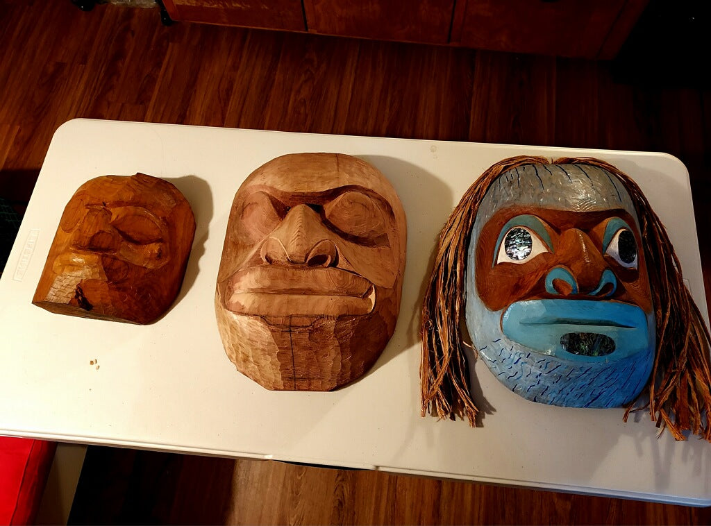 3 carved cedar masks by Fred Fulmer Tlingit Artist | Fred Fulmer Native Art