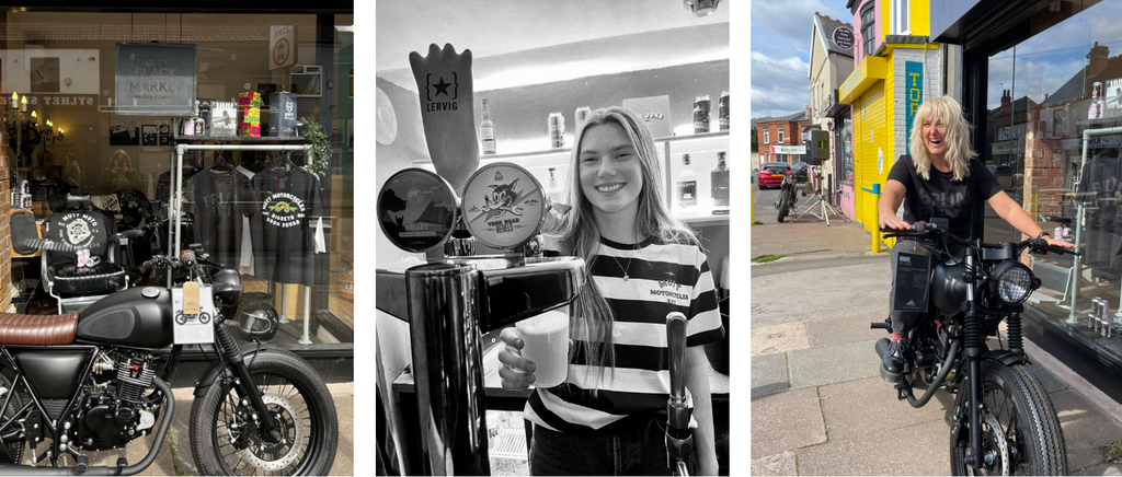 Smiling faces at an event, a beer being poured and motorcycles outside storefront