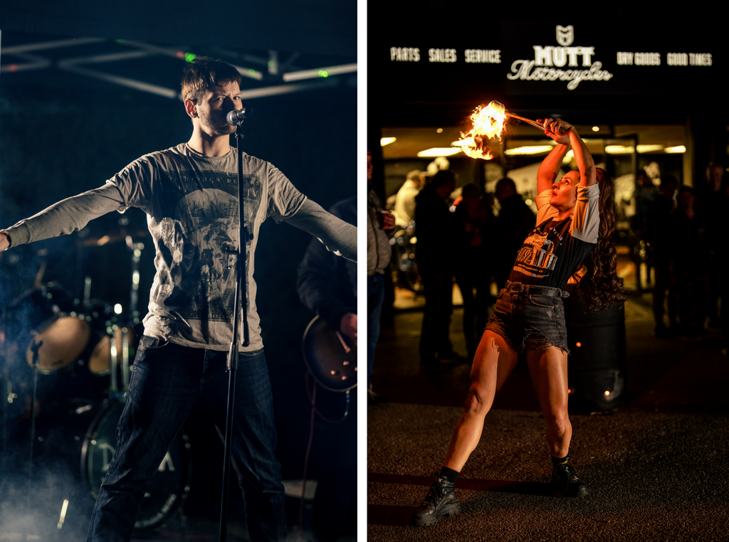 A male singing into a microphone. A woman fire dancing in front of a motorcycle store