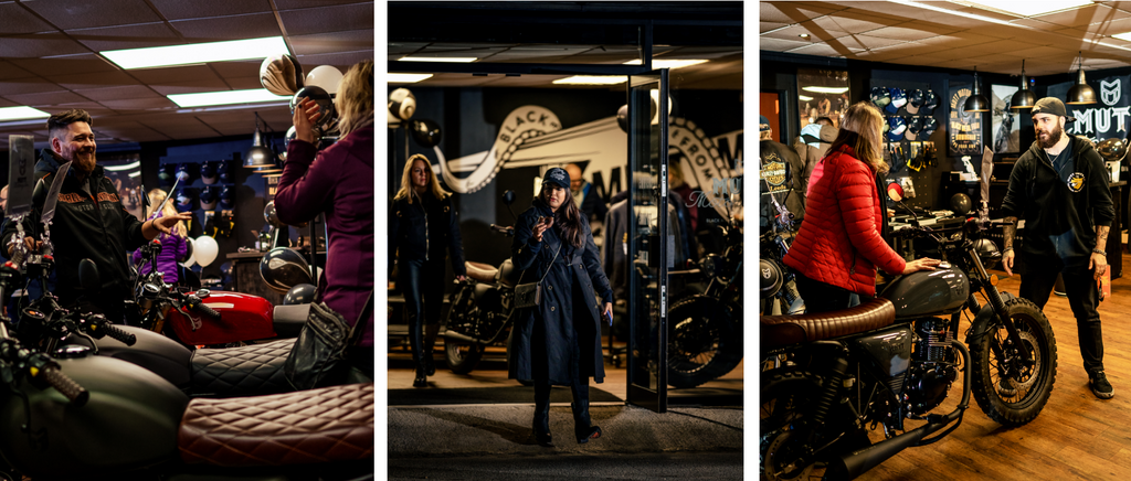 3 images of customers inside a Mutt Motorcycles store in Leeds, UK