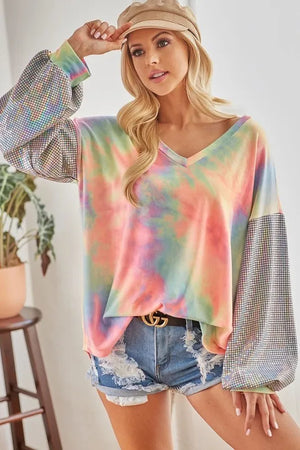 Top-BiBi V Neck Tie Dye French Terry with Shiny Sleeve - FONDALA