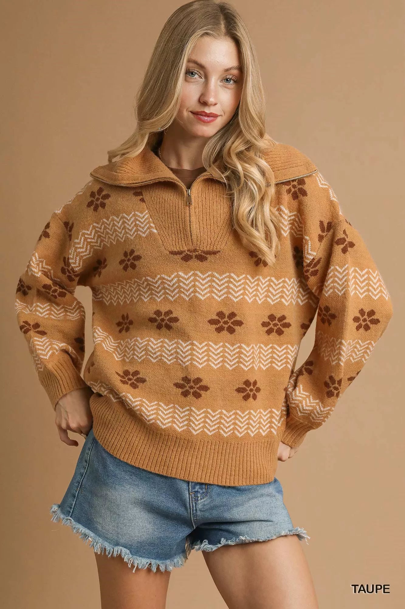 Sweater-Umgee Floral Patterned Jacquard Quarter-Zip Pullover-Taupe