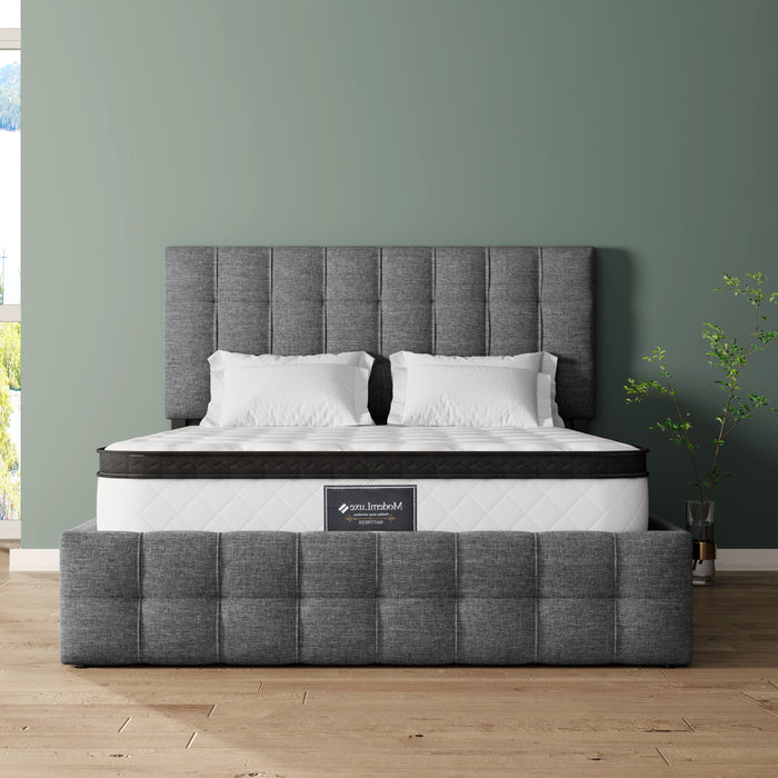 Upholstered Bed Frame with 4 Storage Drawers, Adjustable Height Headboard & Square Stitched Design, Metal Slat Support，Linen Material (Double 4ft6 135190 cm, Mattress Included)