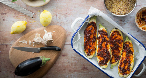  Harissa roast eggplants