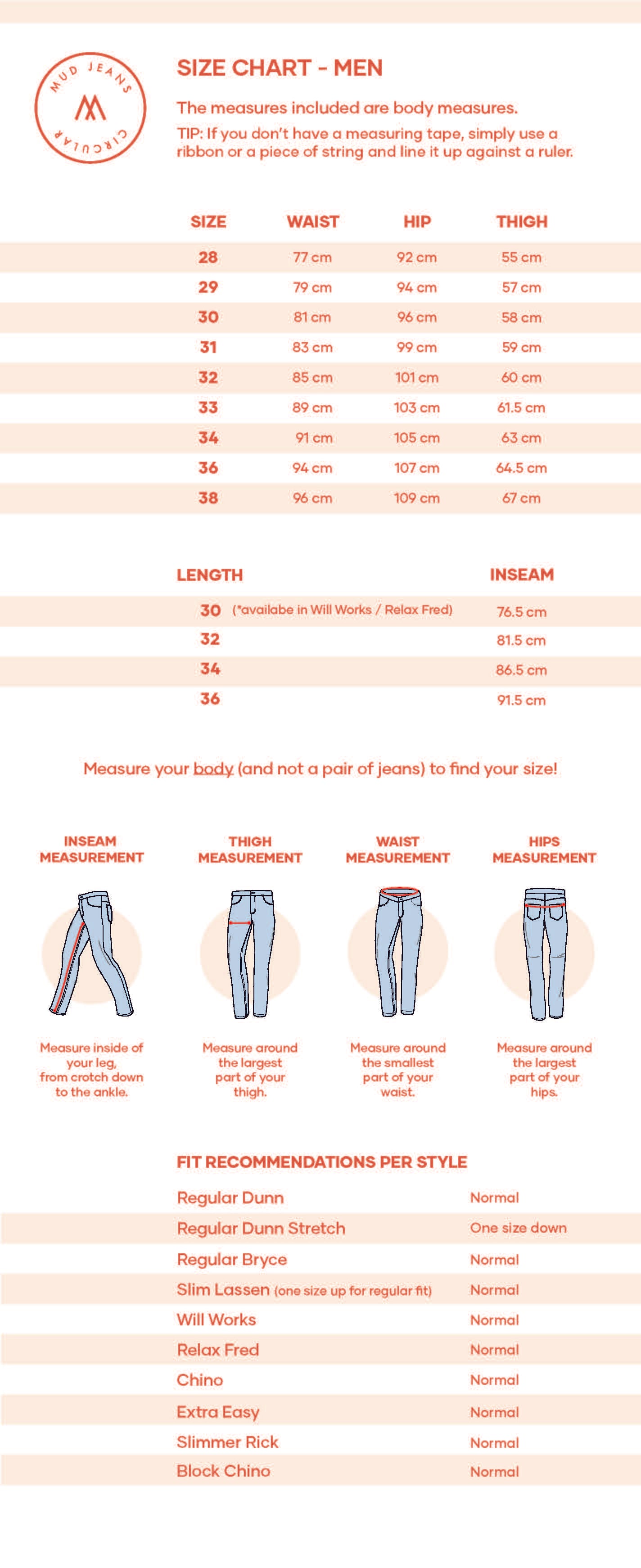 Size Chart Mud Jeans Men