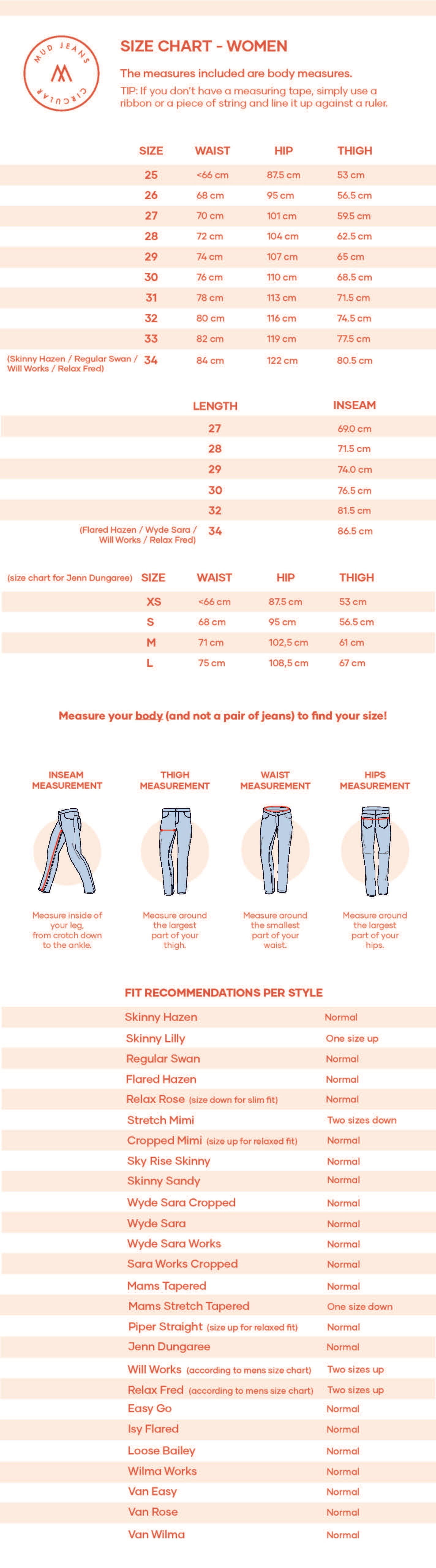 Women's Mud Jeans Size Chart