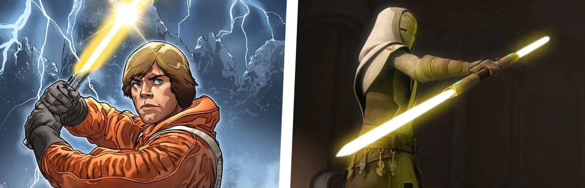 Yellow lightsabers of Jedi sentinels and Luke