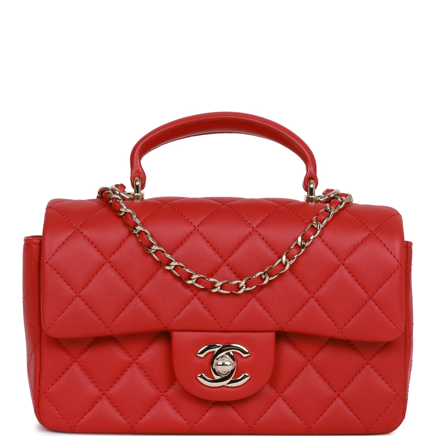 Chanel Mini Rectangular Flap Bag with Top Handle Red Lambskin Light Gold Hardware