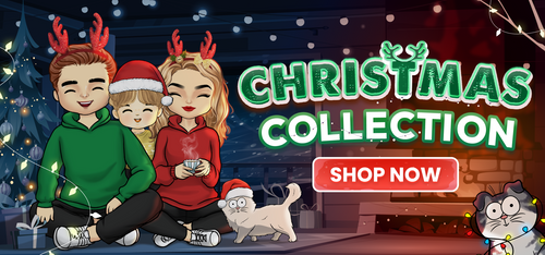 A happy family is sitting together near a fireplace, two cats are walking around, Shop Now
