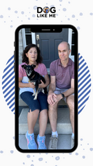 Woman and man sitting on their front step with their small rescue dog, named Soda