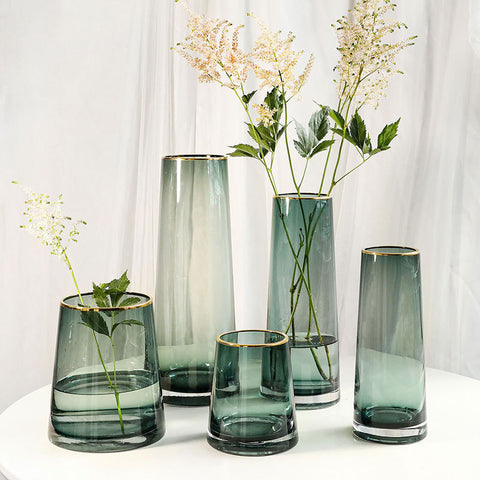 Green Glass Vase with Gold Rim