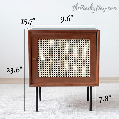 wooden rattan Nightstands Vintage End Tables Boho Minimal Wooden Bedside Side Table with Drawer