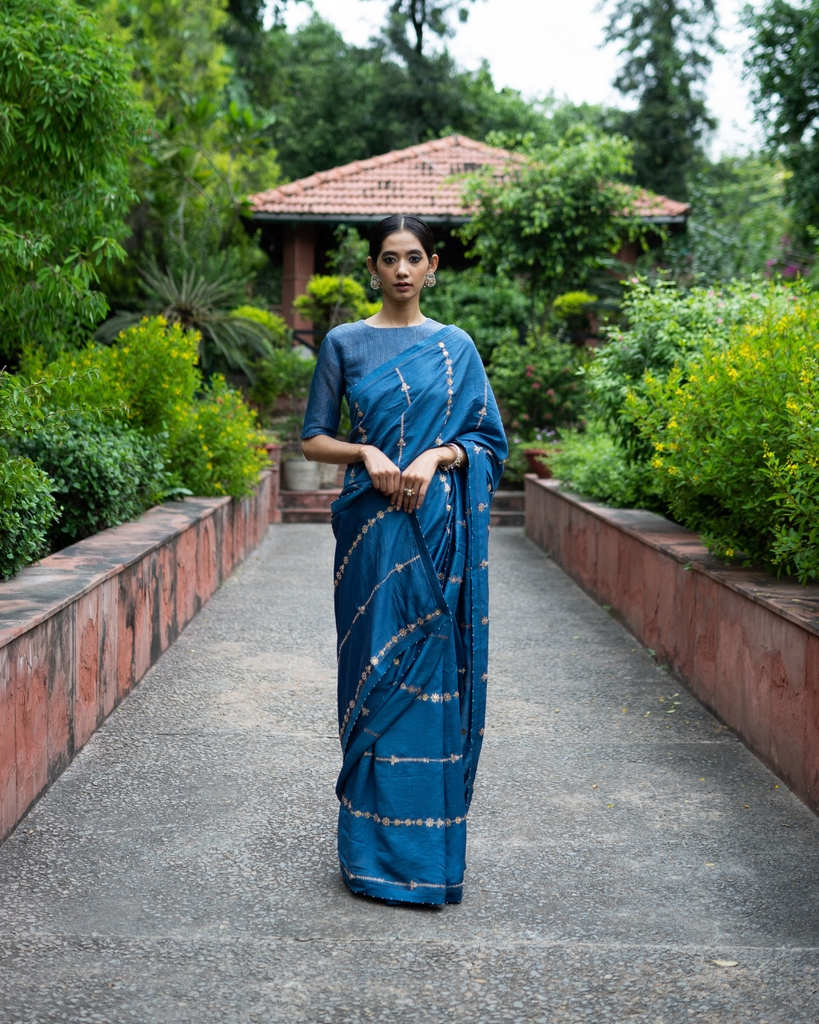 Teal Blue Chinon Thread With Sequins Work Saree - Clothsvill