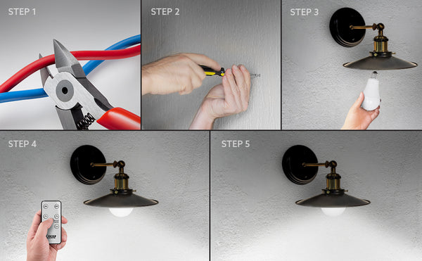 Step by step guide on how to create a battery operated wall scone using Feit Electric OM60/5CCTCA/BAT/LEDI.