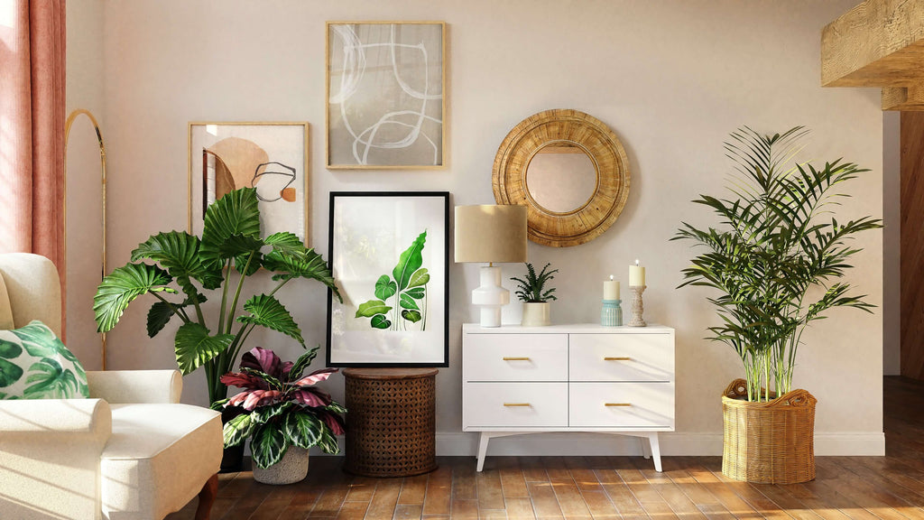 Bohemian vibe living room with decorative plants, wall art, white drawer, woven plant basket planter, and wooden table