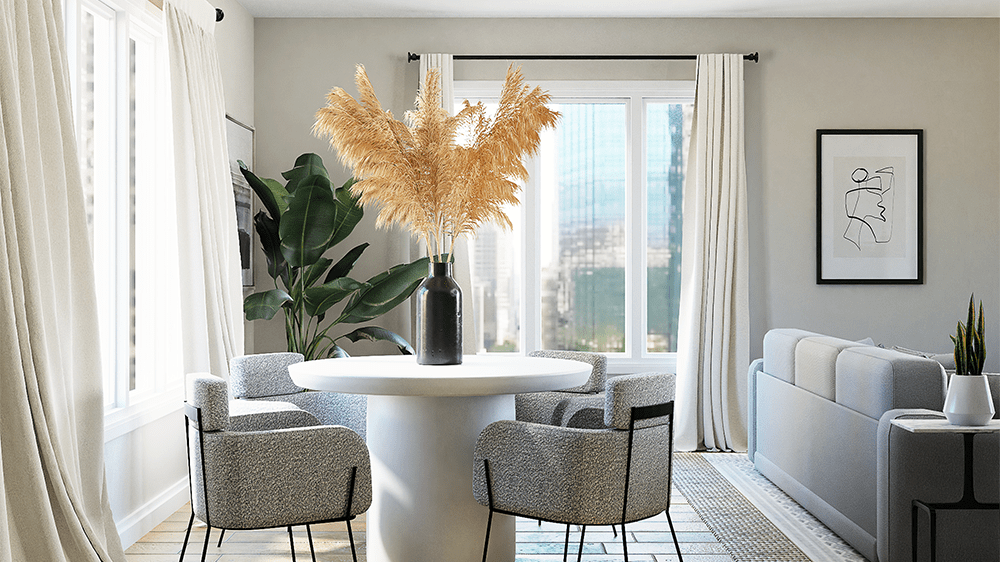 modern white and light gray dining room with two large windows letting sunlight inside