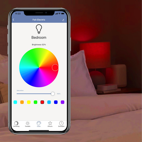 Feit Electric app color wheel and red light in bedroom