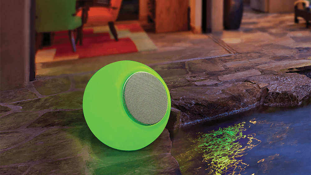 Feit Electric LED Orb with Bluetooth Speaker by a pool.