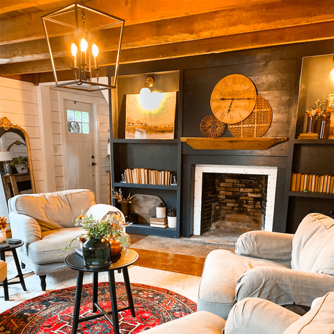 cozy fall themed living room with warm amber lights