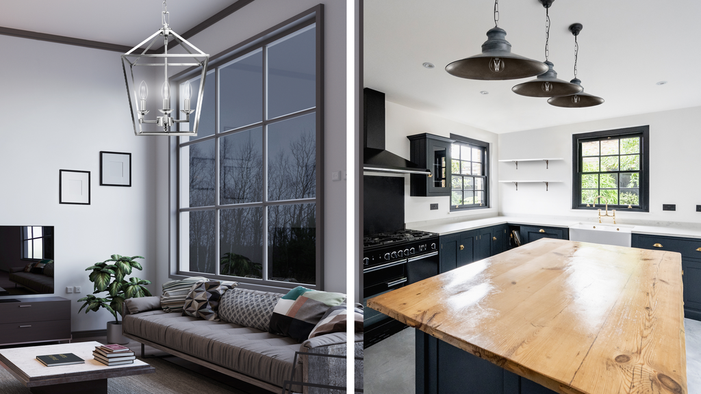 White filament bulbs installed in living room chandelier and kitchen island pendant lights