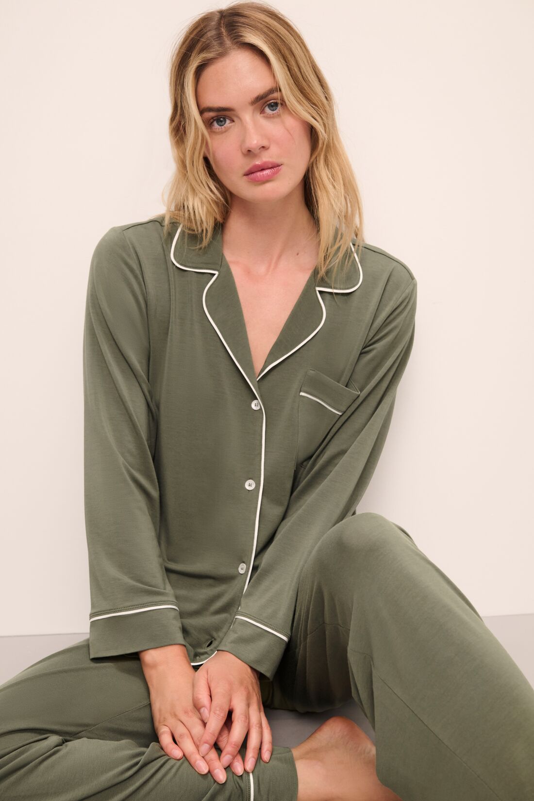 Model wears Gisele TENCEL™ Modal Long PJ Set in moss/ivory.