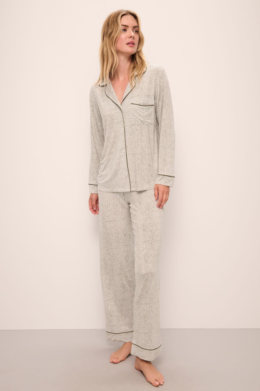 Model wears Gisele Printed TENCEL™ Modal Long PJ Set in ella spark/moss print.