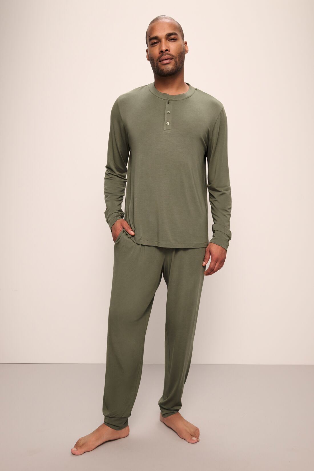 Model wears Henry TENCEL™ Modal Long PJ Set in moss.