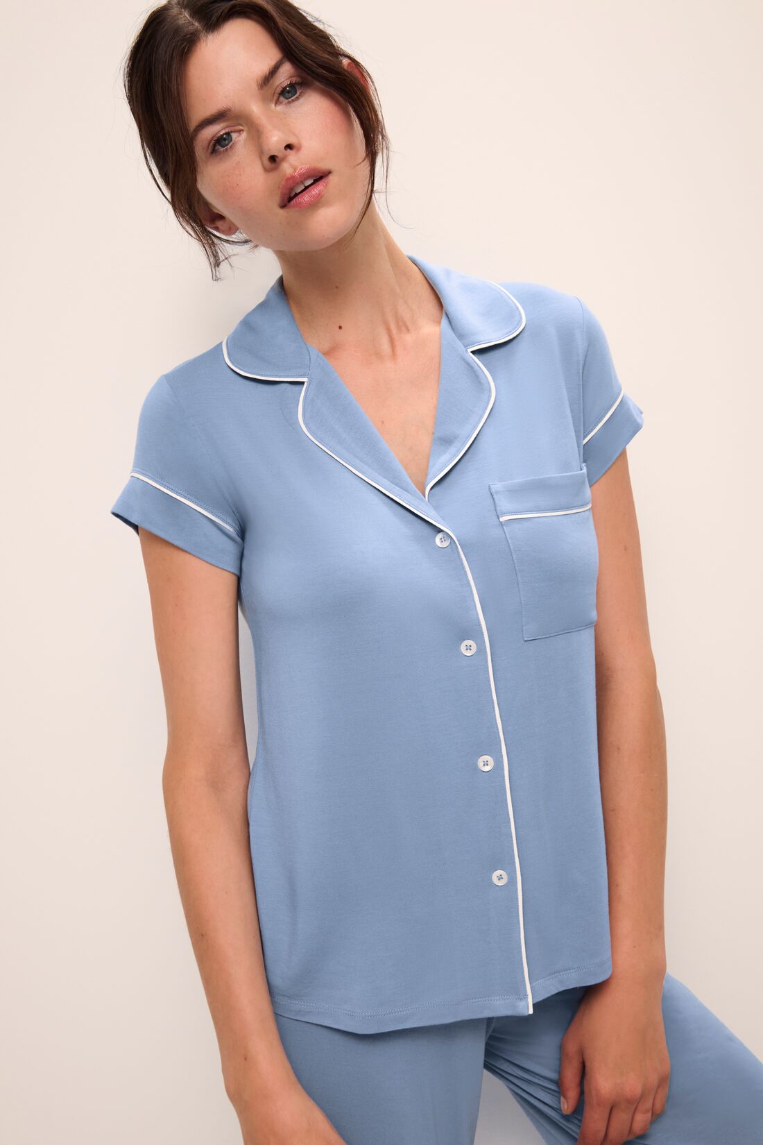 Model wears Gisele TENCEL™ Modal Short Sleeve Cropped PJ Set in wedgewood blue/ivory.