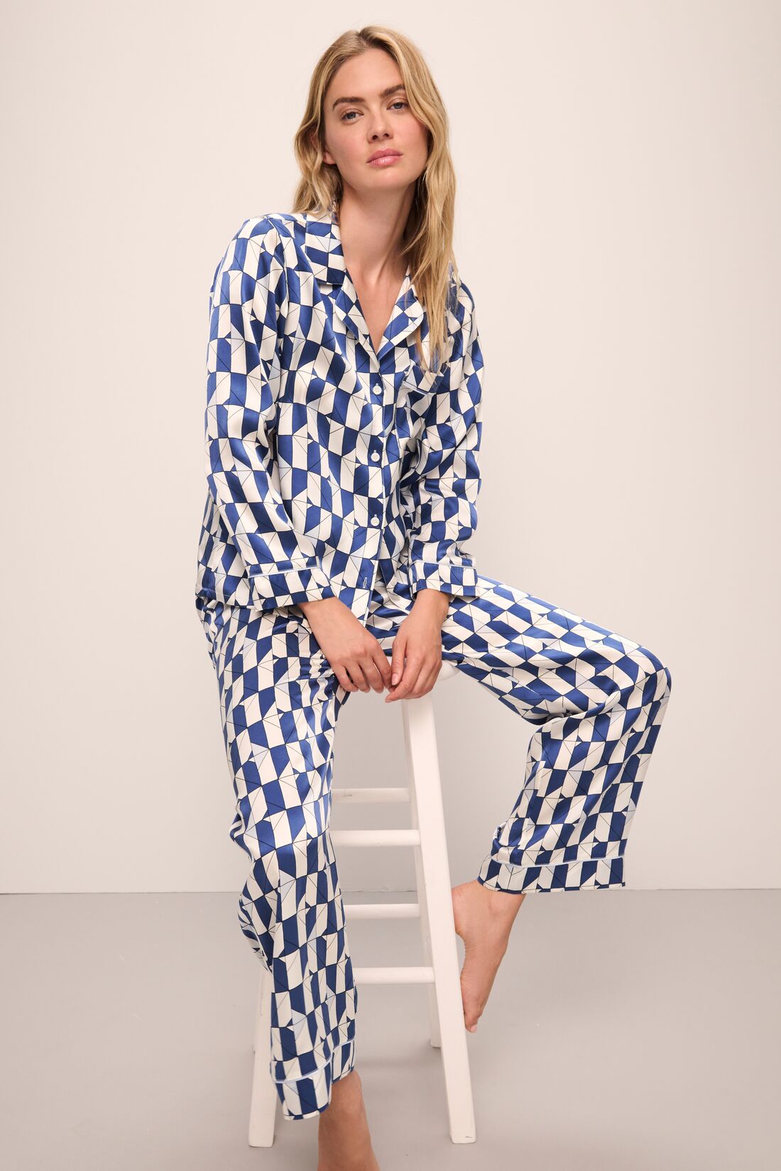 Model wears Inez Washable Silk Printed Long PJ Set in Mosaic Tile Denim/Powder Blue.