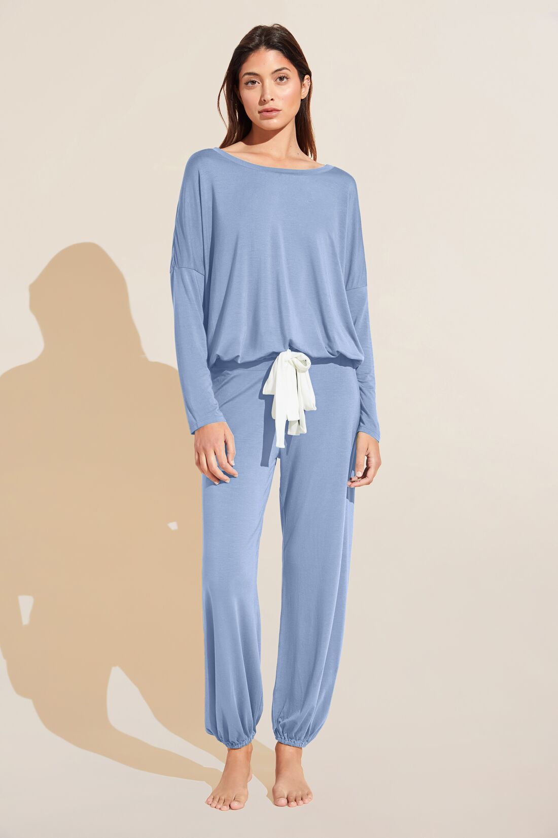 Model wears Gisele TENCEL™ Modal Slouchy PJ Set in wedgewood blue/ivory.