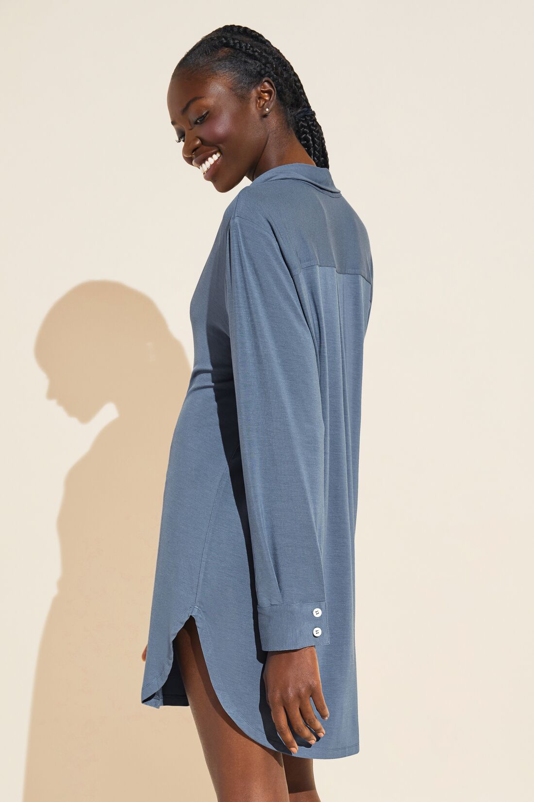 Model wears Gisele TENCEL™ Modal Boyfriend Sleepshirt in Coastal Blue/Ivory.